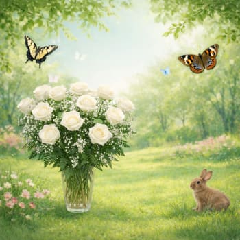 White roses in a clear glass vase with butterflies and a rabbit in a meadow