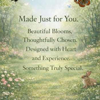 Pastel meadow scene with butterflies, a rabbit, and floral text