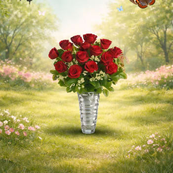 Red roses arranged in a clear glass vase with butterflies above