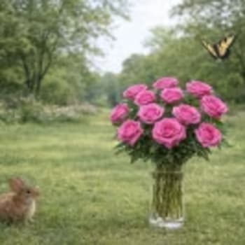 Pink roses in a clear glass vase in a grassy outdoor setting