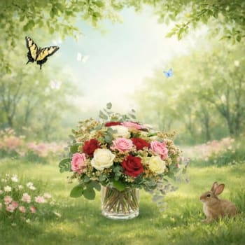 Bouquet of red, pink, and white roses in a glass vase