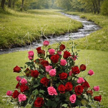 Large basket of red and pink roses arranged in a fan shape outdoors by a stream