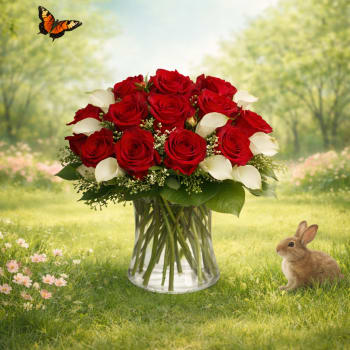 K217 Dozen Red Roses with Calla Lilies