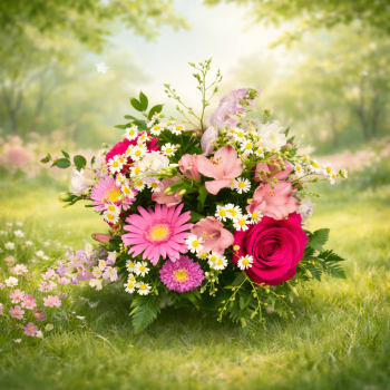 Pink and white mixed flower bouquet with a bright rose and daisies