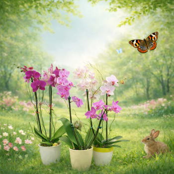 Three potted orchid plants with pink and white blooms in a garden scene.