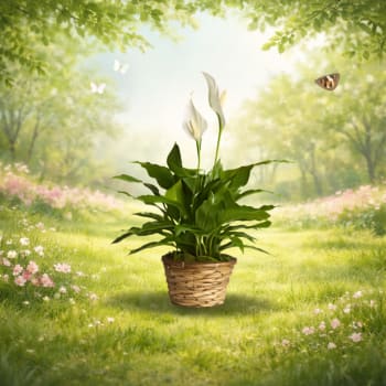 Potted peace lily in a woven basket planter
