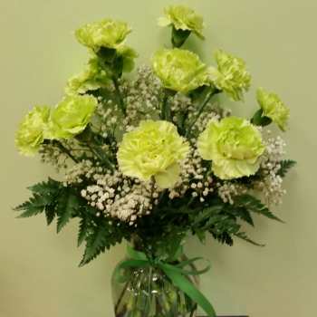 Green carnations and baby's breath in a glass vase with a ribbon