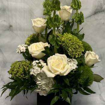 White roses and green blooms arranged in a black square vase