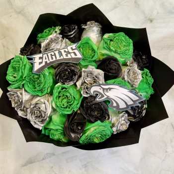 Bouquet of green, black, and silver roses with sports team picks