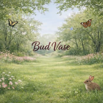 Text reading "Bud Vase" over a meadow scene with butterflies and a rabbit