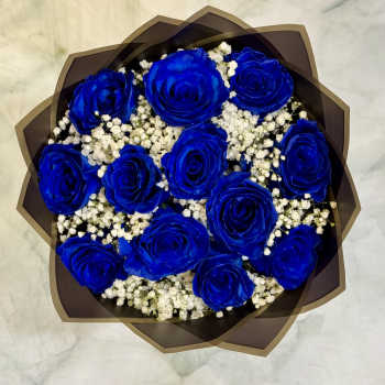 Bouquet of vivid blue roses with white baby's breath