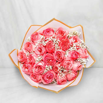 Bouquet of pink roses with white filler flowers wrapped in pale paper