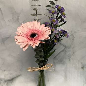 Pink gerbera daisy and purple asters in a glass vase with a bow.