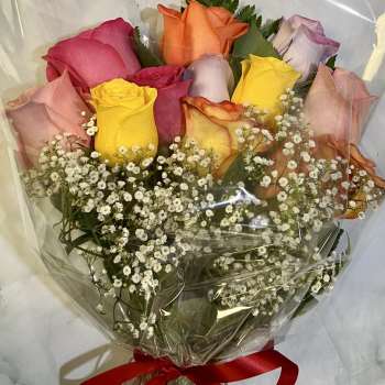 Bouquet of multicolored roses with baby's breath wrapped in clear plastic