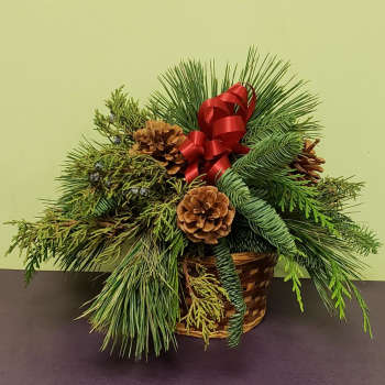 Pine and cedar arrangement in a woven basket with pinecones and a red ribbon