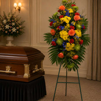 Standing funeral spray with colorful flowers beside a casket