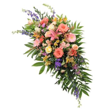 Large mixed bouquet with pink roses, lilies, and purple flowers