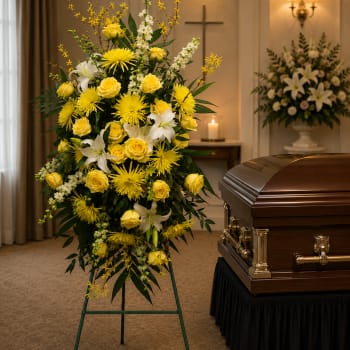 Tall yellow and white funeral spray beside a casket