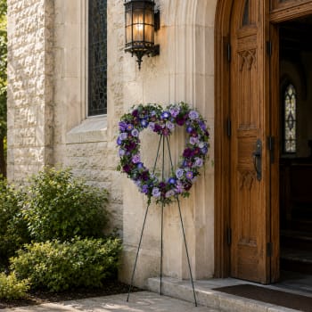 Heart-shaped floral wreath on a stand beside a church doorway