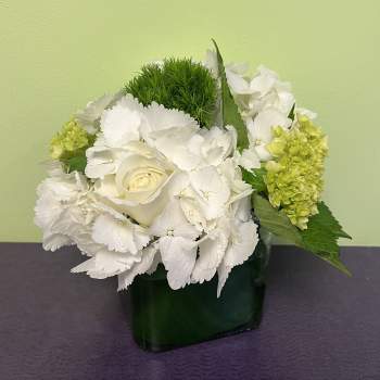 White hydrangeas and a cream rose in a dark green vase