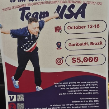 Poster of a bocce player with event details and donation amount.
