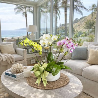 Orchid arrangement in a white pot with a green ribbon on a coffee table