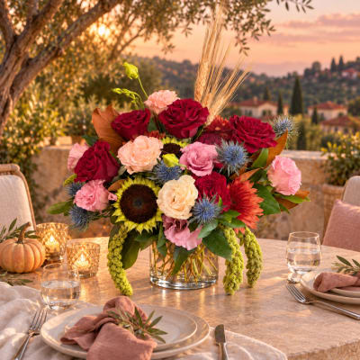 Mixed bouquet of roses, carnations, and sunflowers in a glass vase on a table