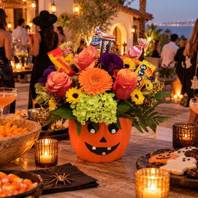 Halloween pumpkin container filled with flowers and candy on a party table