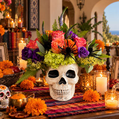 Floral arrangement in a skull vase surrounded by candles and marigolds