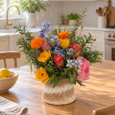 Colorful mixed bouquet in a ceramic vase on a kitchen table