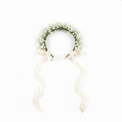 White floral crown with long cream ribbons