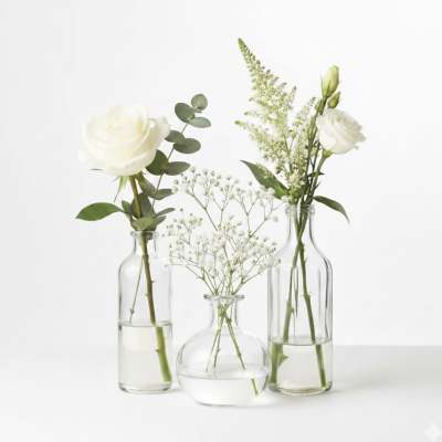 Three small glass vases with white flowers and baby’s breath