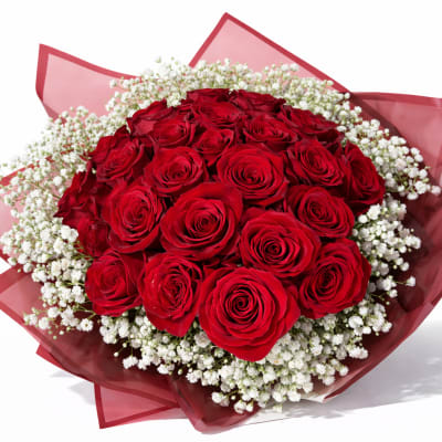 Bouquet of red roses with white baby's breath in pink wrap