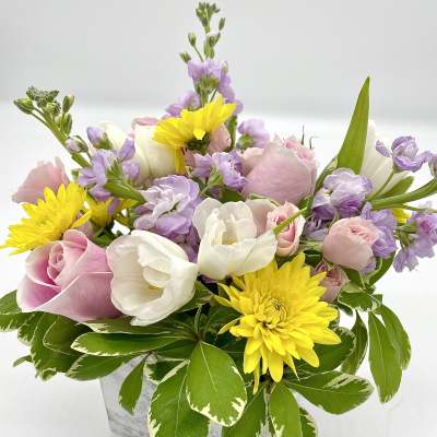 Pink and white tulips with yellow daisies in a square vase