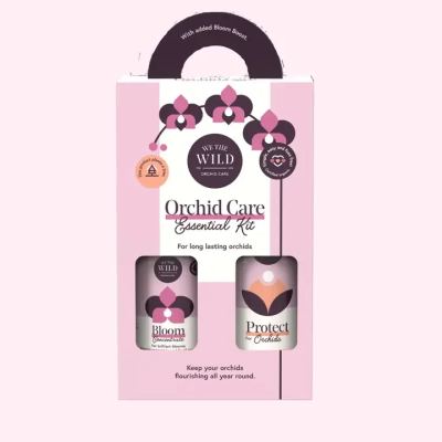 Pink orchid care kit box with two bottles visible