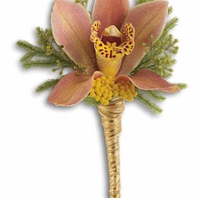 Single orchid boutonniere with pink petals and a gold-wrapped stem