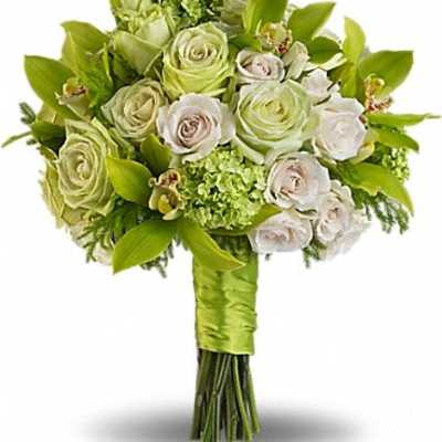 Green and white rose bouquet with hydrangea and orchids
