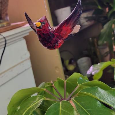 Red glass bird ornament hanging above a green potted plant