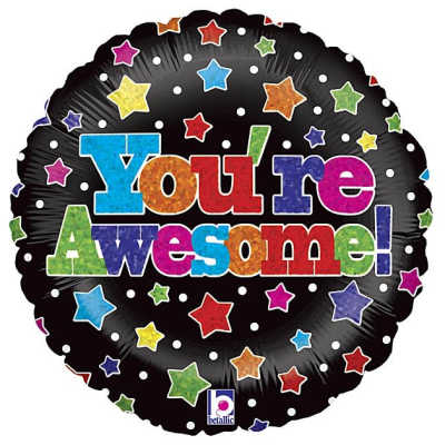 Round black balloon with colorful stars and "You're Awesome!" text