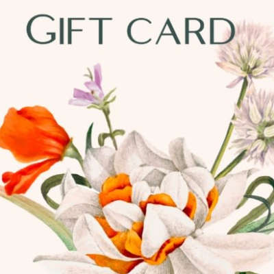 Floral-themed gift card design with illustrated orange, white, and blue flowers on a light background