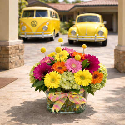 Bright mixed gerbera bouquet in a glass vase with a plaid ribbon
