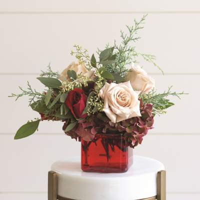Low arrangement of blush and red roses with burgundy hydrangeas in a red glass cube vase