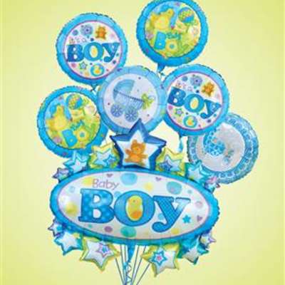 Cluster of blue and white 'Baby Boy' foil balloons with stars, ducks, and baby carriage designs