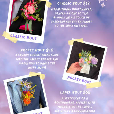 Boutonniere examples with pink and multicolor flowers on suit lapels