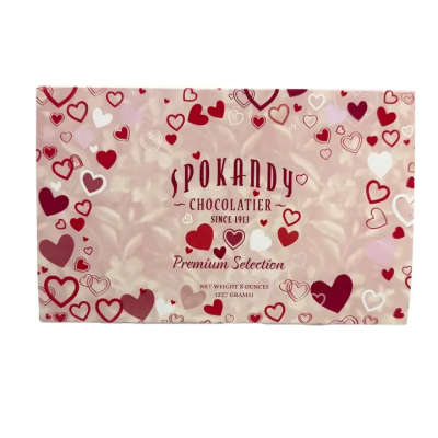 Heart-patterned chocolate box with Spokandy branding