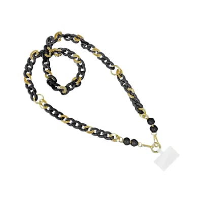 Black and gold chain necklace with a clasp tag