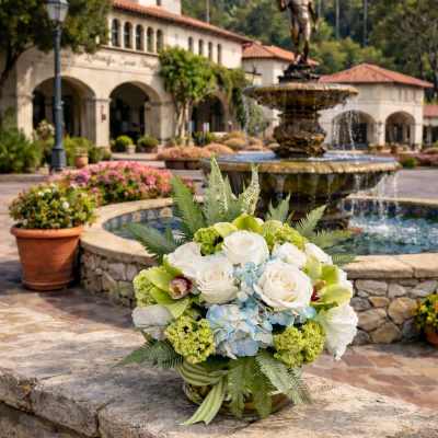 White rose bouquet with blue hydrangeas and green orchids in a striped ribbon wrap