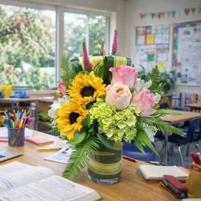 Bouquet of sunflowers and pink roses in a glass vase