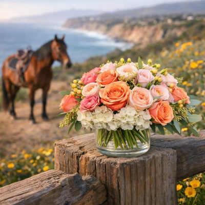 Peach and pink roses in a clear glass vase on a wooden post