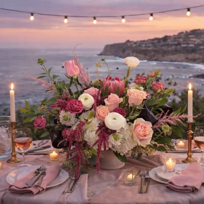 Pink and white floral centerpiece on a candlelit table overlooking the ocean